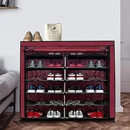 Multipurpose Collapsible 12 Layers Metal Shoe Rack, Shoe Storage Stand with Fabric Cover for Home & Office (Maroon, Metal)-picture-63