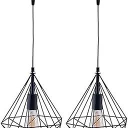 CRAFTSDEC Wrought Iron Geometric Diamond Cage Pendant Lights for Ceiling| Pack of 2| Black|Hanging Decorative Lamp for CAF�, Bar, Living Room, Restaurant| Without Bulb| E27 Holder| Round-Canopy-image-0
