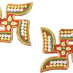 Decorative Shubh Labh Swastik Rangoli Sticker Set, Traditional Red and Gold Design with Acrylic Stones, 2 Pieces image 1
