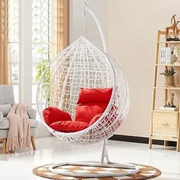Luxury Jhula King Hammock Swing Chair with Cushion & Spring for Outdoor Indoor Living Room Balcony Garden Patio Hanging Swing for Adults Swing with Stand (White Red)-image-96