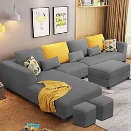 Minta 8 Seater L Shape Sofa Set with Ottoman & 2 Puffy for Living Room (8 Seater LHS, Dark Grey)-picture-28