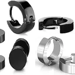 xwpzk Men's Stainless Steel Huggie Hoop Earrings Set – Double Hoop Design with 2ring 2doumble ring 2silver ring-picture-15