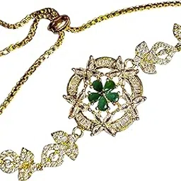 Gold Plated Adjustable Bracelet for Women & Girls | Green Floral Designer CZ Stone Bracelet-image-2