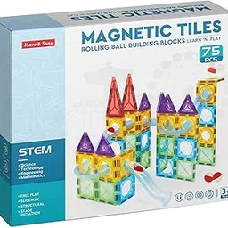 CHARVI Toys Magnetic Tiles Building Blocks Set, 75 Pieces, STEM Learning Toy with Rolling Ball Track, Ages 3+-picture-13