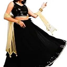 Women Ethnic Designer Black Lehanga Skirts with Sequence Border II Flared Floor-Length Lehenga Skirt Length-39 | Black Color-image-9