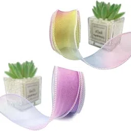 2 PCS Ribbon Roll, Organza Ribbon for Gift Wrapping, Craft Material, Pink Blue and Pink Yellow, Ideal for Decoration, DIY Crafts, and Hair Accessories-image-2