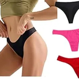Women Cotton Comfortable Fabric Daily Use Regular Wear Mid Rise Thong Panty G-String Panties Pack of 3 - Black Pink Red-image-91
