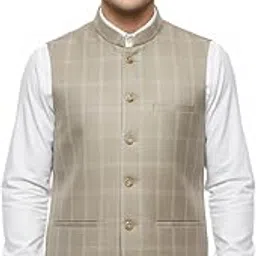 Men's Nehru Jacket, Beige Windowpane Check Pattern, Classic Formal Waistcoat-picture-27