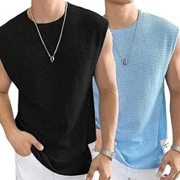 o3e Mens Waffle Tank Tops, Sleeveless Round Neck, Polycotton Vest for Gym and Running, Pack of 2,-picture-18