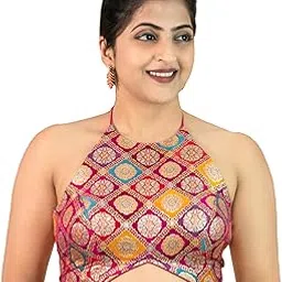 figure's designer Women's Brocade Sleeveless Halter Neck Jacquard Printed Pattern Back Dori Embroidered Floral Design Readymade Saree Blouse Orange Maroon Green Blue Rani SB3-picture-15