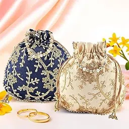 Urbane Home Pack of 2 Potli Bags for Ladies & Girls | Shagun Pouches for Festive Seasons | Embroidery Batwa Bag Bridal Purse -Dark Blue & Cream-picture-36