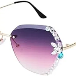 mh fashion Butterfly Sunglasses, Rimless Frame, Diamond Cut Lenses, Crystal Embellished, Golden Metal Arms and Bridge, Oversize Look.-picture-59