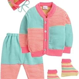 little angels Baby Sweater Set - 4 Pcs Woollen Full Sleeves V-Neck Color-Block Sweater, Pants, Cap & Socks for 0 to 12 Months-picture-48