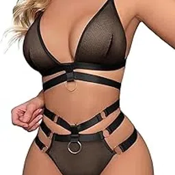 Women’s O-Ring Linked 3-Piece Lingerie Set | Choker Bra & Panty with Cut-Out Design | Sexy Valentine & Honeymoon Nightwear Outfit-L Black-picture-21