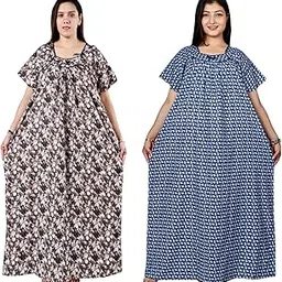 balance collection Women’s Cotton Plus Size Nighty Maxi – Combo Pack of 2 | Free Size Printed Night Gown | Available in 2XL to 4XL image 1