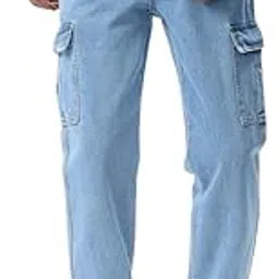 Men's Wide Leg 6-Pocket Cargo Mid Rise Jeans, Non-Stretchable and Pure Cotton Denim. Trendy and Comfortable Casual Wear.-image-19