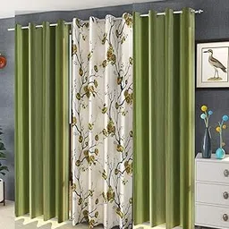 3 Piece Combination Polyester Floral Curtains for window (GREEN -2 PLAIN + 1 PRINTED, WINDOW - 5 FEET),Eyelet-image-43