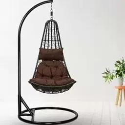 ANAND INDIA GROUPS Wicker Rattan Wrought Iron Single Seater Swing Chair with Stand for Adults | L Shape| Balcony| Patio| Indoor| Porch| Yard| Outdoor Furniture|Black Swing_ Brown Cushion|-picture-30