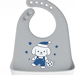 KIDS BASIC Silicone Baby Bib – Soft Waterproof Feeding Bib with Food Catcher Pocket | BPA Free, Soft Material Bib with Tray| Adjustable Neck Strap | For 6 Months To 2 Years (Grey)-image-45