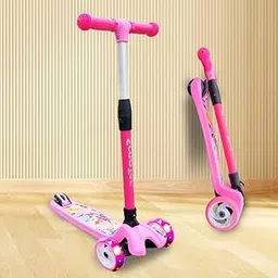 ToyMagic Joyride 3 Wheeler Kick Scooter with LED Wheels|Non Electronic LED with Motion Activation|Smart Kick|Foldable Toy|Height Adjustable Handle|Best Birthday Gift for 3+|Made in India|Pink, toddler image 1