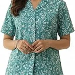 Women's Floral Print Cotton Pajama Set, Turquoise and White, Short Sleeve Top with Matching Shorts, Summer Loungewear-picture-35