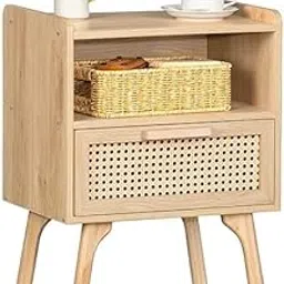 Solid Wooden Rattan Nightstand, Side Table with Drawer and Storage, Bedside End Table with Solid Wood Legs for Living Room, Bedroom, Dorm and Small Spaces (Natural)-image-6
