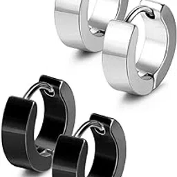 Men's Stainless Steel Huggie Hoop Earrings Set – Classic Black and Silver Combo Small Hoop Earrings for Men – 2 Pairs (8mm) EARRING6-picture-36