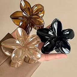 Korean Flower Hair Claw Clips Buy 2 Get 1 free, Pack of 3, Black Brown and Clear, Strong Hold for Thick Hair, Glossy Floral Design-image-0