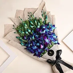 FlowerAura Fresh Live Flower Bouquet of 6 Blue Flowers In Jute Packing For Birthday Gift, Anniversary Gift, Wedding Gift, Congratulations Gift & Gift For Special Occasions (Same Day Delivery)-image-3