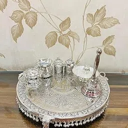German Silver Heavy BIG SIZE Pooja Thali (Diameter 13.5”) With Full Ghungru Layer And Elephant Legs Stand – Set of 7 Items + 2 Extra Bowls-image-37