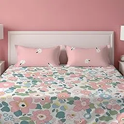 Prime Collections 160TC Glace Cotton Wrinkelfree Breathable Supersoft Double Flat Bedsheet with 2 Pillow Covers (Pink Multi, Flat) image 1