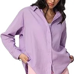 the souled store Cotton Linen: Lavender Women and Girls Long Sleeves Collared Neck Button Front Solid Cotton Linen Boyfriend Shirts-picture-13