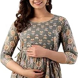 nevisha style Women's Cotton Lehariya Printed Anarkali Maternity Feeding Kurti with Zipper Maternity Gown for Women image 1