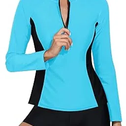 daci Women Blue Black Rash Guard Long Sleeve Zipper Boy Shorts Swimsuit UPF 50 Bathing Suit S-picture-21
