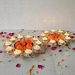 DARPAN KALA Diya Urli Bowl for Festive Decoration, Golden Finish Diwali Decor, 10 Diyas with 1 Decorative Bowl, Corporate Return Gift, 10 inch (Diya Urli - 2 pcs)-picture-27
