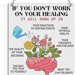 SENJIAN Rustic Therapy Office Quote Wood Decor Sign, Healing Brain Psychology Printed Wood Sign Wall Art, Hanging Door Sign, Watering Kettle Floral Brain Wood Sign Home Therapy Office Decor 8" x 10"-image-84