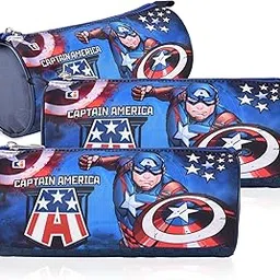 kuber industries Pack of 3 Round Pencil Pouch | Captain America Pencil Pouch for Kids | Multi-Purpose Travel Pouch | Travel Organizer | Stationary Utility School Pouches | Geometry Box | Blue image 1