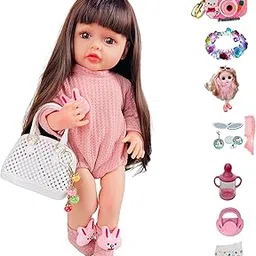 NestyFox Kiki Realistic Silicone Baby Doll 53 cm with Long Hair, Soft Body, Handbag, Shoes, Feeding Bottle, Pacifier, Crown, Camera Toy & etc Set for Girls (Premium Silicone Doll-3)-picture-17