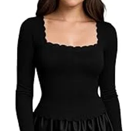 ootdfy Women’s Dark Green Self Design Casual Top – Regular Sleeve Stylish Shirt | New Straight Neck LACE Top for Office, Brunch, Travel, and Everyday Outfits-picture-32