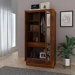 T.G. Furniture Sheesham Wood Jodhpur Wardrobe with 2 Door Storage and Mirror for Bedroom Living Room Home Almirah for Clothes Wooden Furniture (Natural Finish)-picture-11