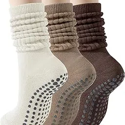 langthering Pilates Socks with Grips for Women, 3 Pairs Long Scrunch Non Slip Yoga Slouch Socks-picture-29