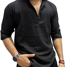 Cotton Blend Solid Casual Regular Fit Mandarin/Chinese Collor Short Kurta for Men-image-64