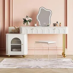 Vandana Interiors Modern 39.4" White Makeup Vanity Set Dressing Table with Lighted Mirror & Cabinet & Stool-picture-30