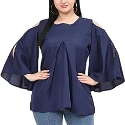 lingra Women's Crepe 3/4th Sleeve Regular Fit Solids Summer Casual Navy Blue Tunic Top-picture-55