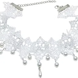 White Lace Pearl Pendant Choker | Short Neck Strap Necklace for Women & Girls-image-39