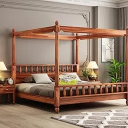 Solid Wood Sheesham Bed King Size Poster Bed Wooden Double Bed Cot Bed Furniture for Bedroom Home and Hotel Sheesham (Honey Finish) 1 Year Warrenty-image-36