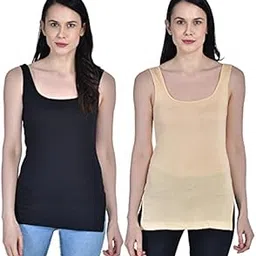Women's Regular Fit Sleeveless Cotton Long Camisole Slip Spaghetti Combo Pack of 2-image-57