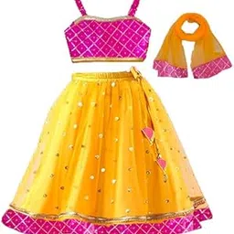 hiba creations Baby Girl Yellow and Pink Embriodary lehenga Heartshape Choli with dupatta set-picture-52