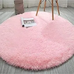 Gleckn Home Furnishing Modern Shaggy Carpets and Rugs for Hall, Offices, Kitchens, Bedroom, Living Room and Cabins (Pink, 2X2 Feet Round)-picture-10
