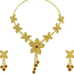 Golden Floral Brown Stone Jewellery Set for Women | Designer Mesh Necklace with Earrings | Bridal Necklace Set for Girls | Ethnic Jewellery for Wedding & Party-picture-11